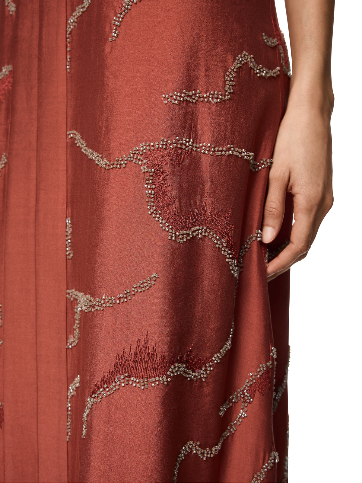 SPAGHETTI STRAP DRESS W PEARL EMBROIDERED RUSTY RED