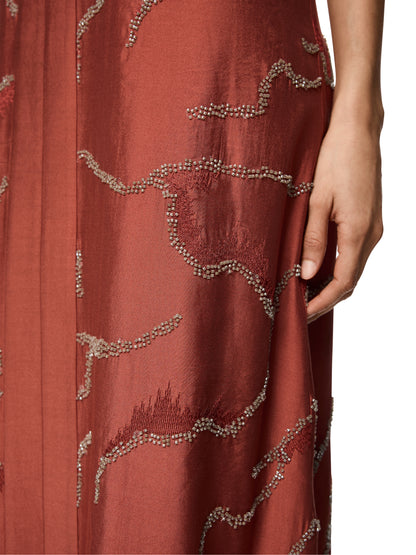 SPAGHETTI STRAP DRESS W PEARL EMBROIDERED RUSTY RED