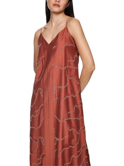 SPAGHETTI STRAP DRESS W PEARL EMBROIDERED RUSTY RED