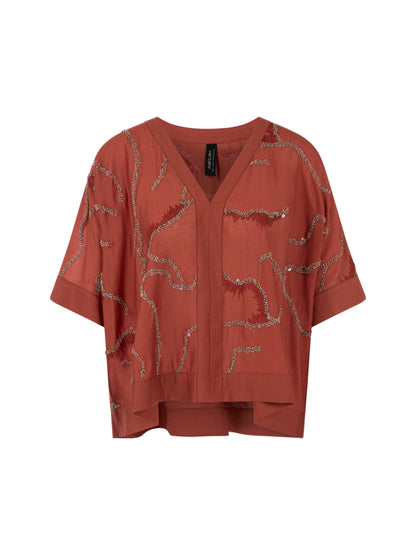FLARED BLOUSE W PEARL EMBROIDERED RUSTY RED