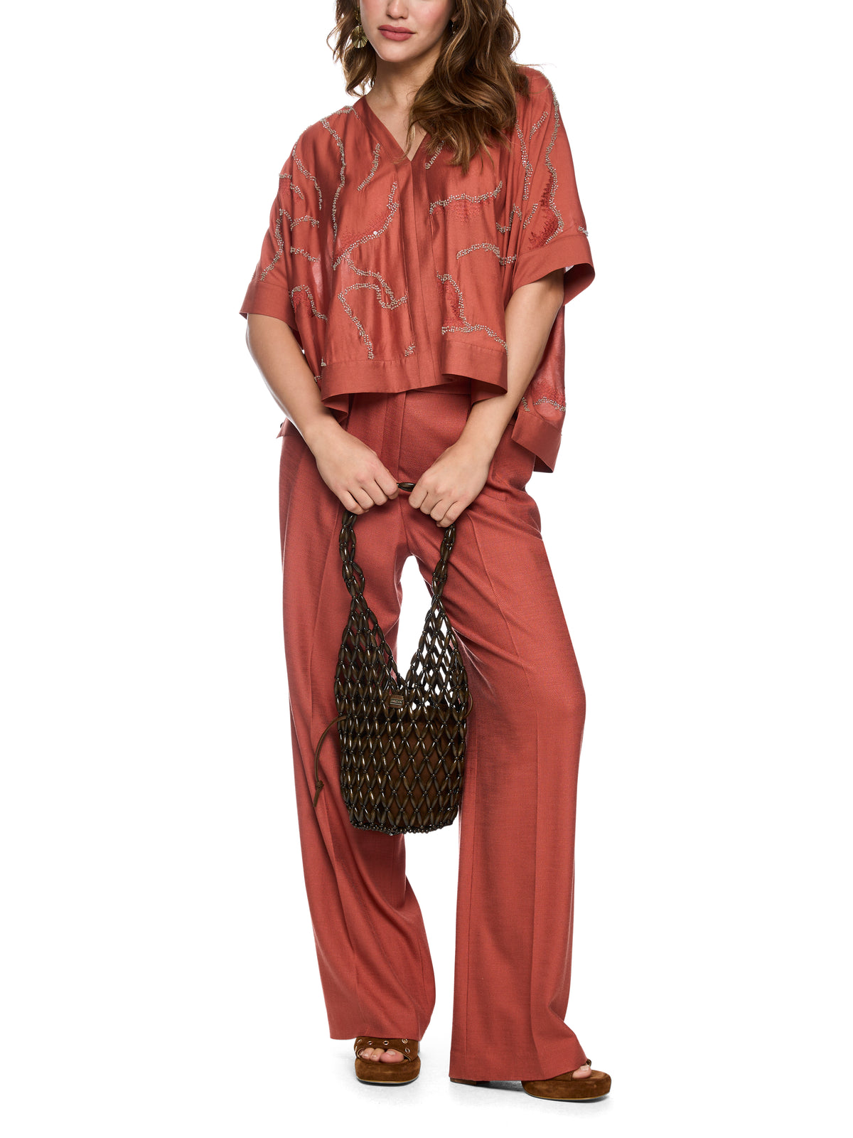 FLARED BLOUSE W PEARL EMBROIDERED RUSTY RED