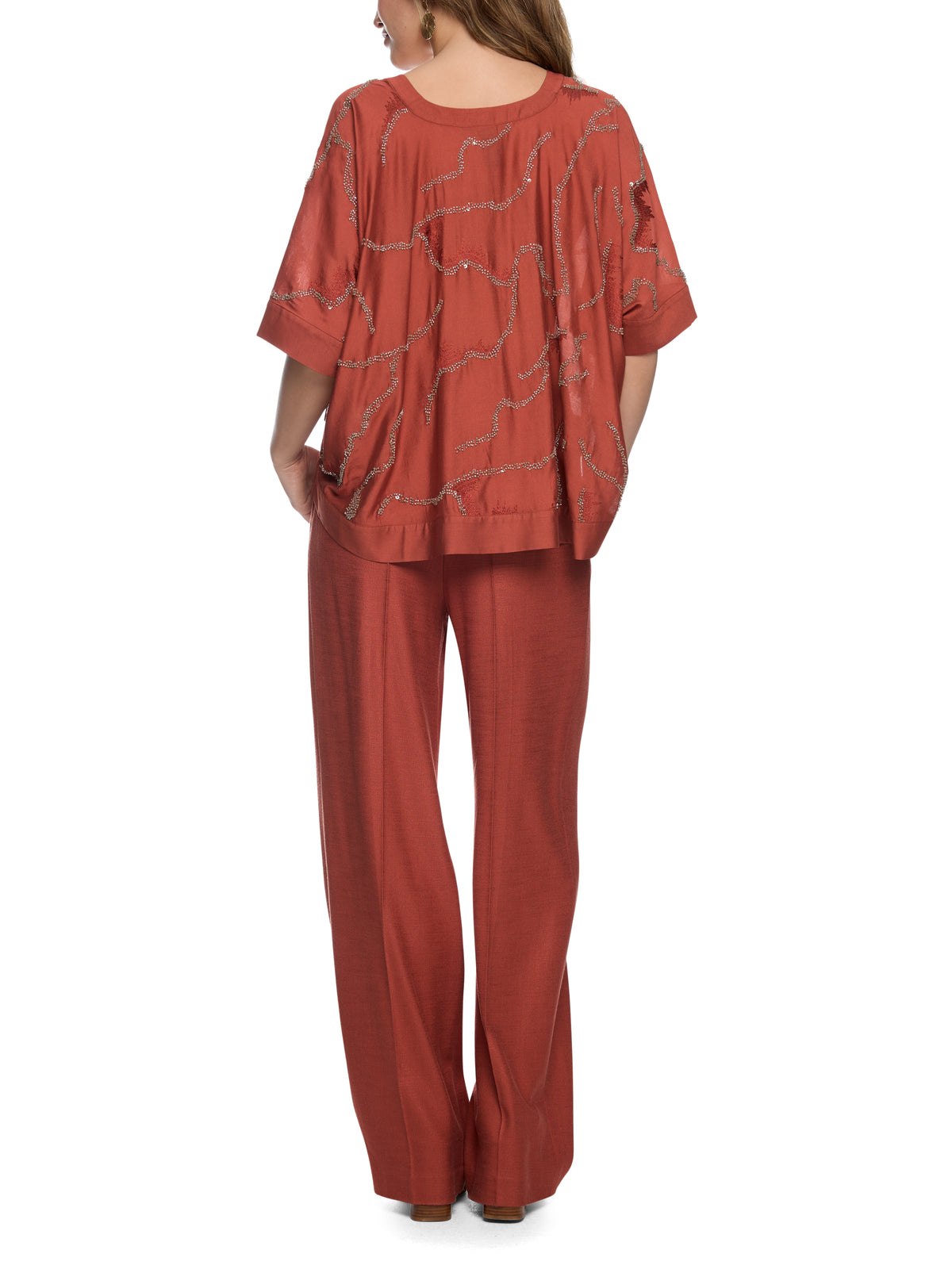 FLARED BLOUSE W PEARL EMBROIDERED RUSTY RED