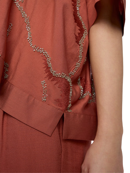 FLARED BLOUSE W PEARL EMBROIDERED RUSTY RED