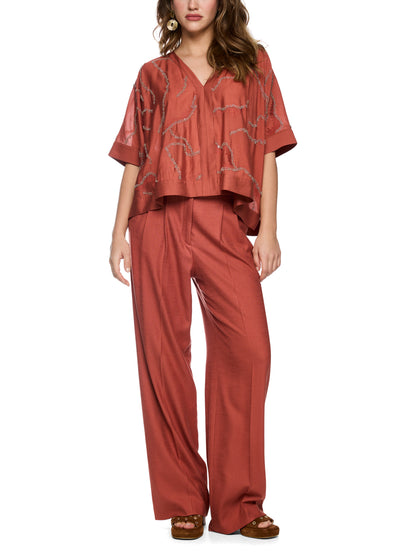FLARED BLOUSE W PEARL EMBROIDERED RUSTY RED