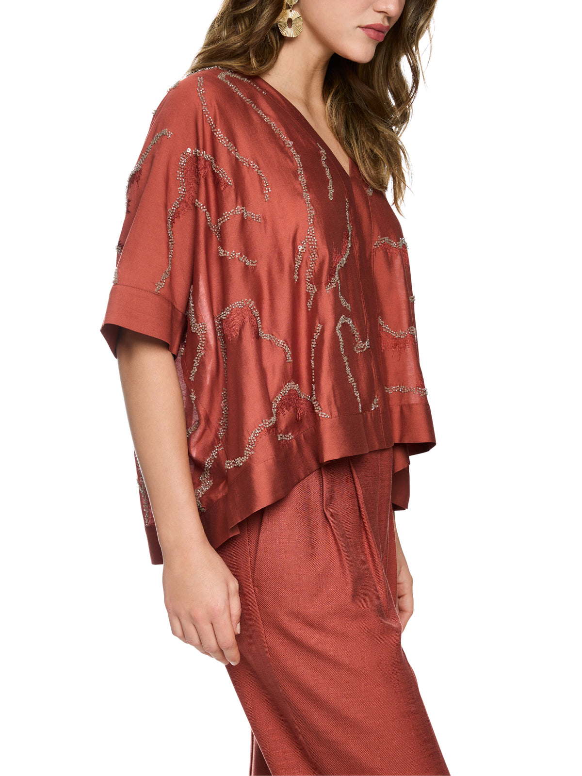 FLARED BLOUSE W PEARL EMBROIDERED RUSTY RED
