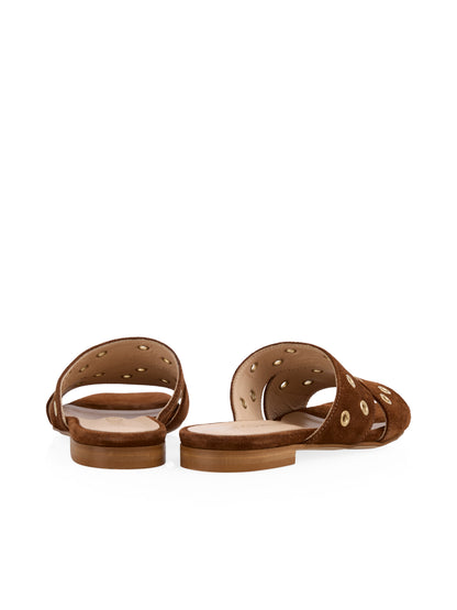 SUEDE SLIDE W CROSS STRAP & STUDS