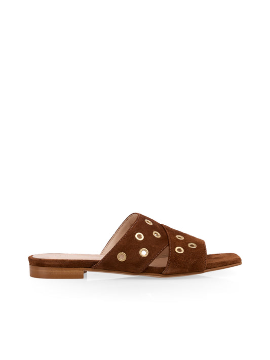 SUEDE SLIDE W CROSS STRAP & STUDS