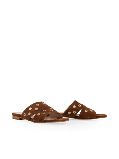 SUEDE SLIDE W CROSS STRAP & STUDS