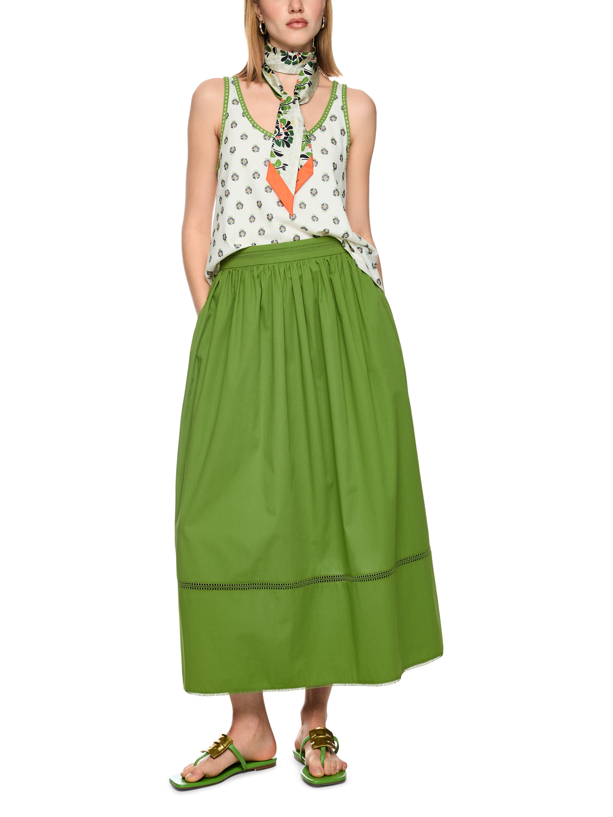 FLARED MAXI SKIRT W LACE IN SKIRT IN GARDEN GREEN