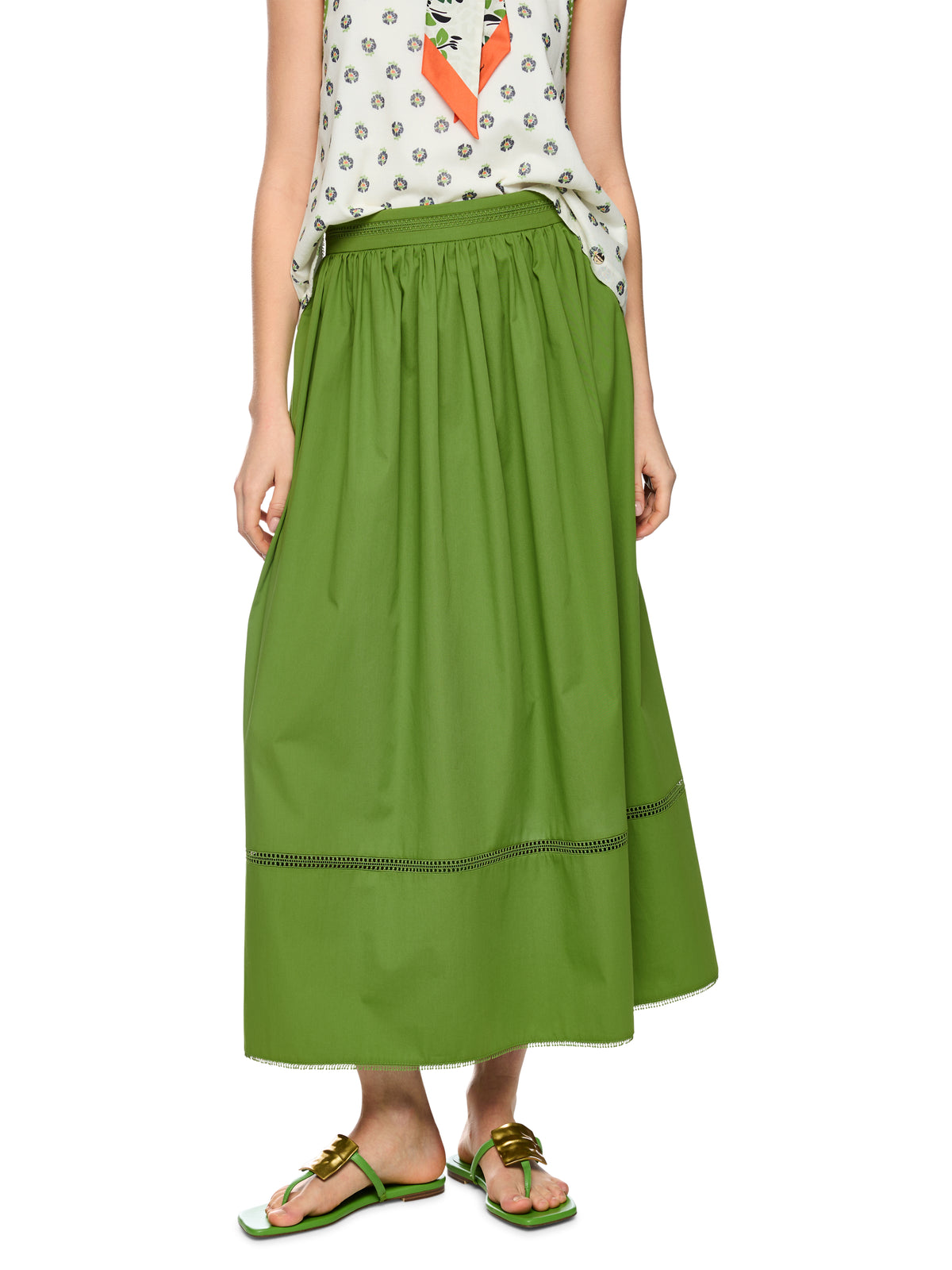 FLARED MAXI SKIRT W LACE IN SKIRT IN GARDEN GREEN
