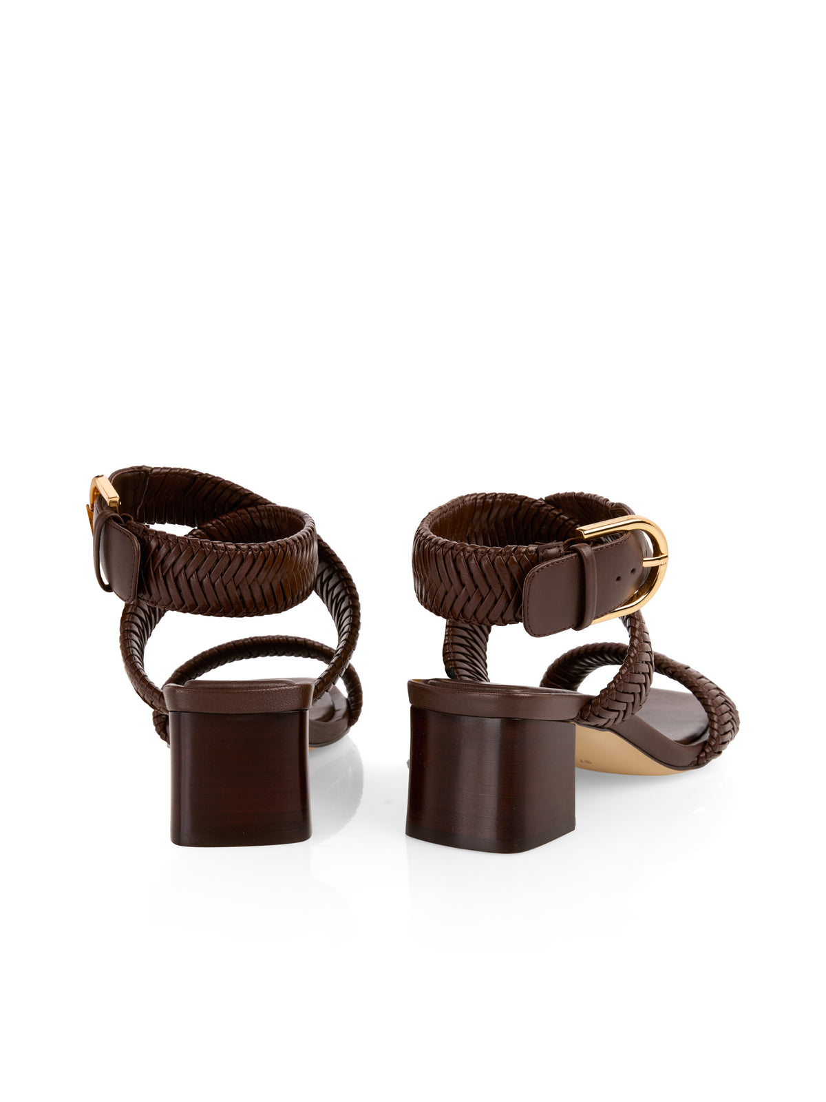 BRAIDED STRAPS BLACK HEEL SANDAL IN DARK WOOD