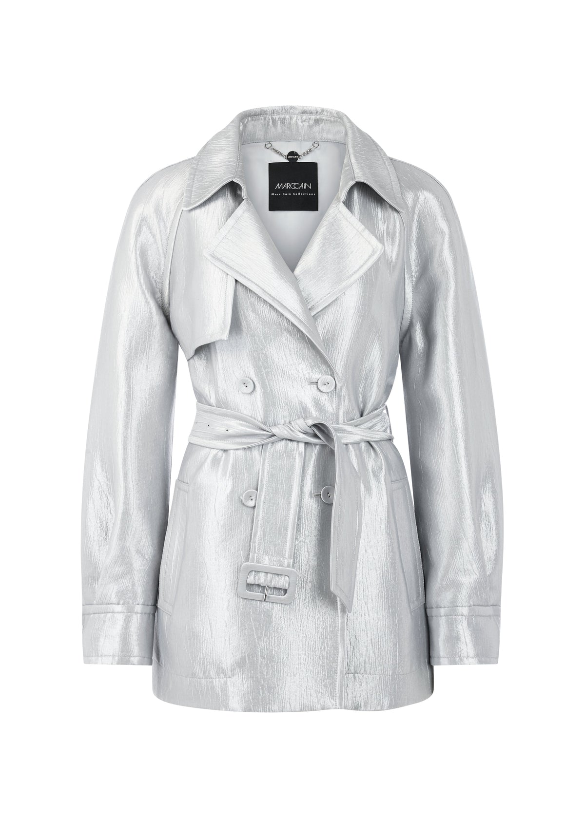 A metallic silver trench coat with a double-breasted front, wide collar, and matching waist tie belt, shown on a plain white background.