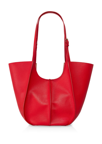 Red leather handbag on a white background