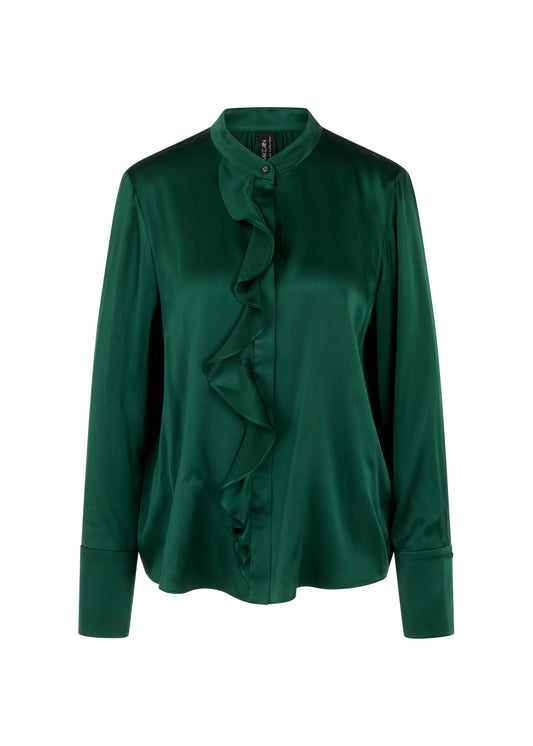 A dark green satin blouse with a ruffled collar and front detail, displayed on a clean white background.