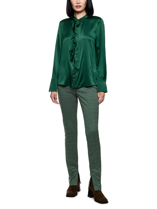 ELEGANT SILK BLOUSE W RUFFLE JADE GREEN