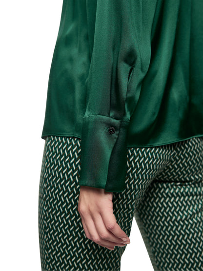 ELEGANT SILK BLOUSE W RUFFLE JADE GREEN