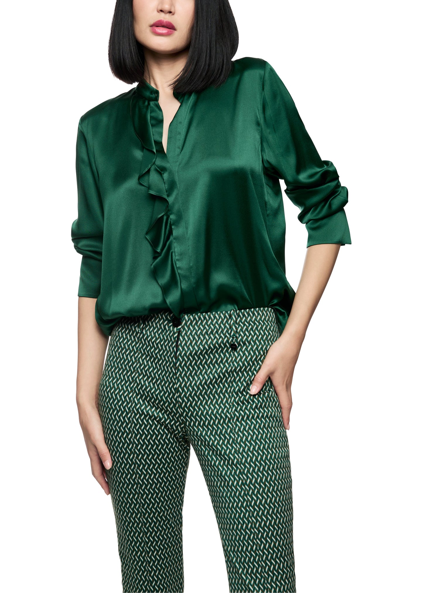 ELEGANT SILK BLOUSE W RUFFLE JADE GREEN