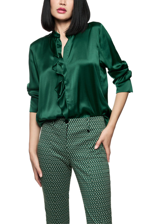 ELEGANT SILK BLOUSE W RUFFLE JADE GREEN
