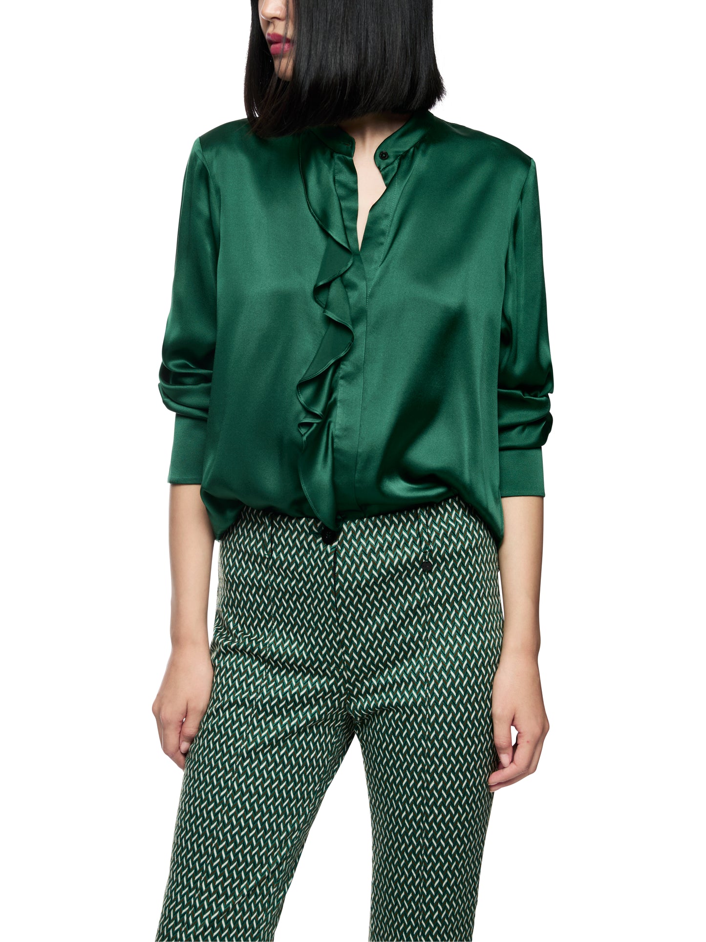 ELEGANT SILK BLOUSE W RUFFLE JADE GREEN