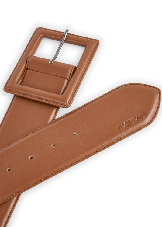 BROWN WIDE SQUARE BUCKLE LEATHER WAIST BELT