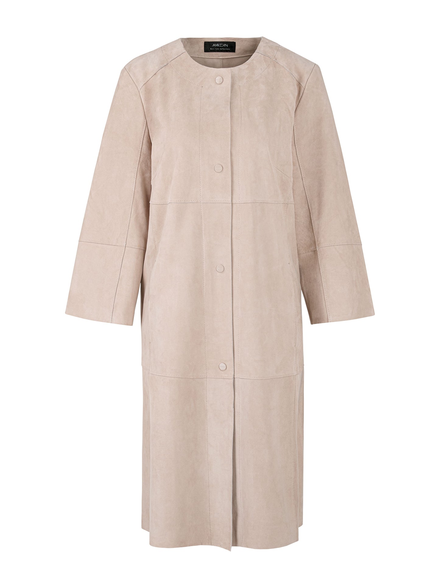 COLLARLESS MIDI LENGTH SUEDE COAT