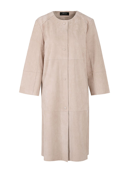 COLLARLESS MIDI LENGTH SUEDE COAT
