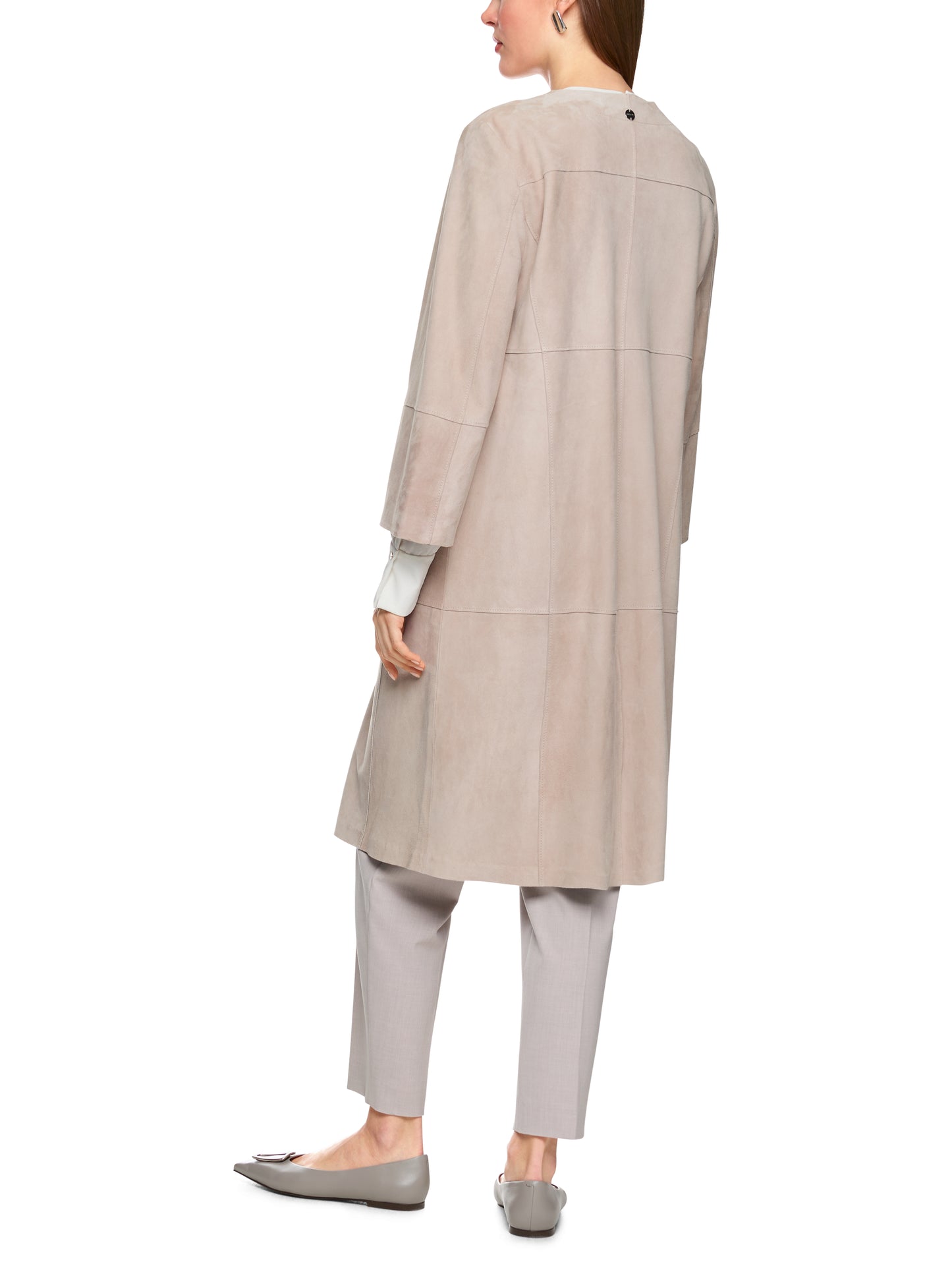 COLLARLESS MIDI LENGTH SUEDE COAT