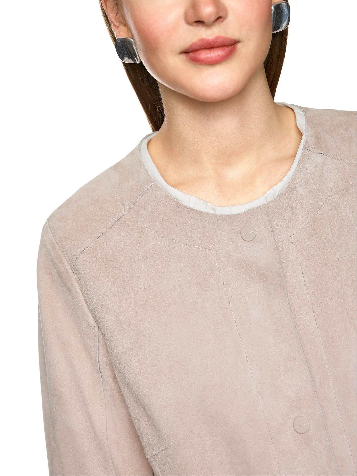 COLLARLESS MIDI LENGTH SUEDE COAT