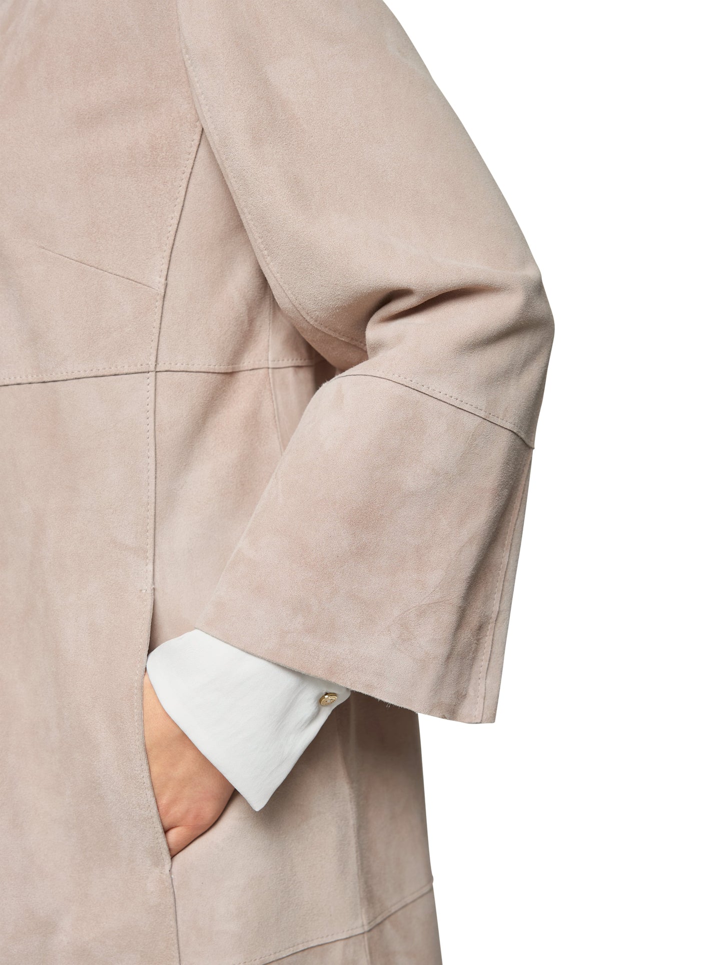 COLLARLESS MIDI LENGTH SUEDE COAT