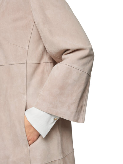 COLLARLESS MIDI LENGTH SUEDE COAT