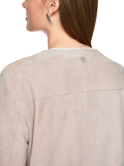 COLLARLESS MIDI LENGTH SUEDE COAT