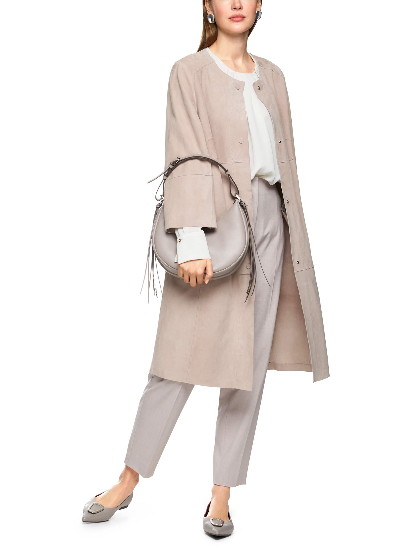 COLLARLESS MIDI LENGTH SUEDE COAT