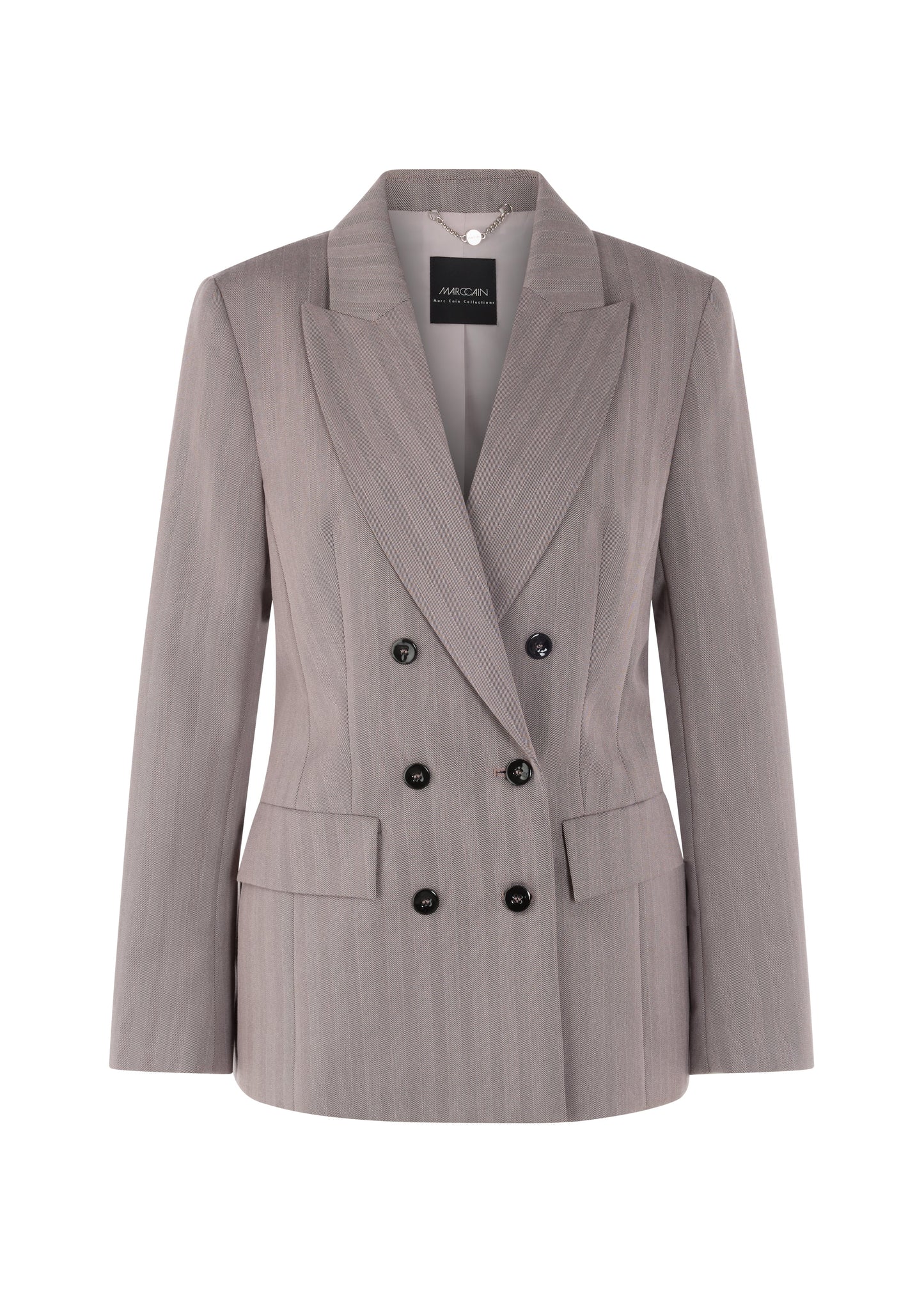Gray blazer with black buttons on a white background