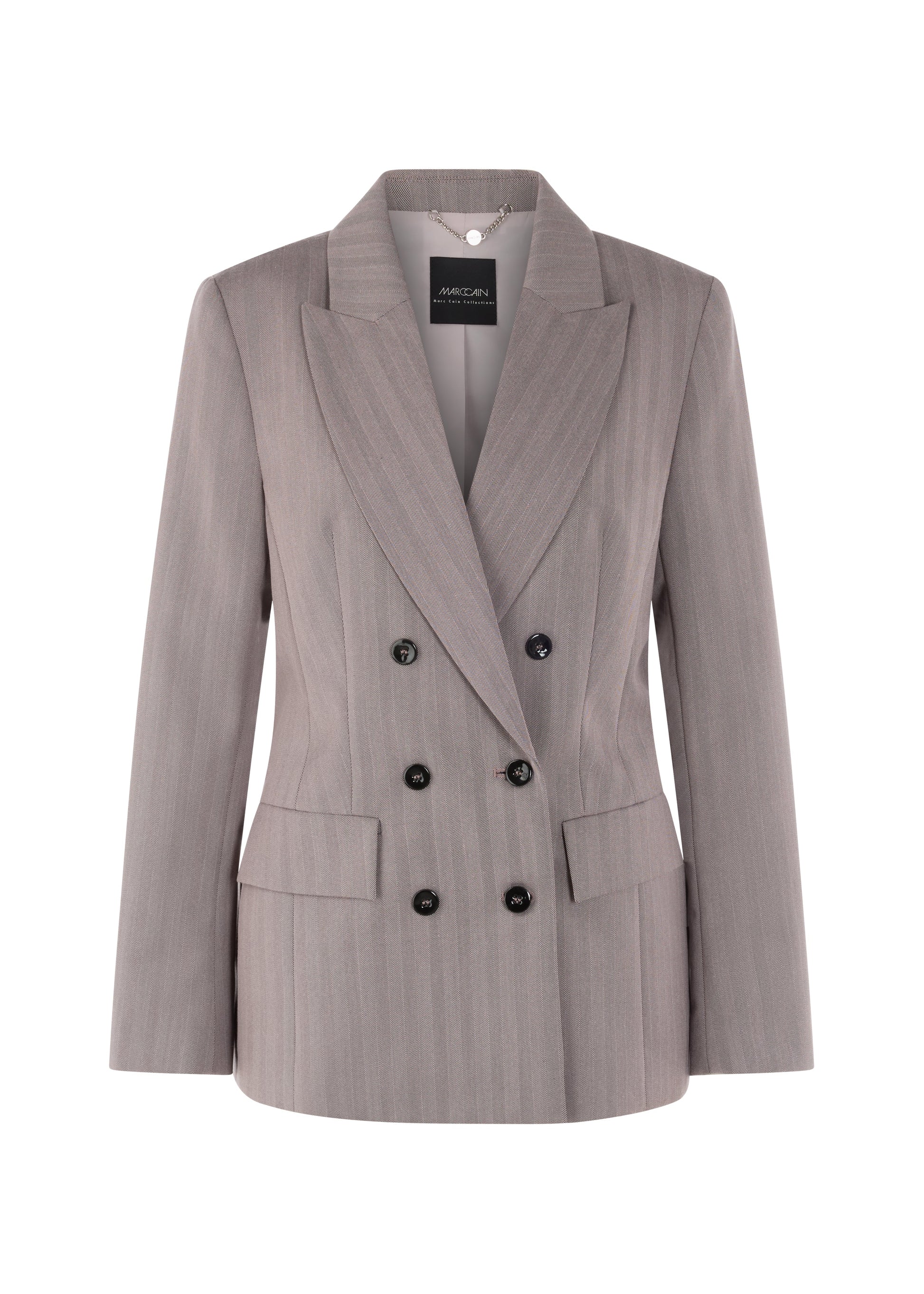 Gray blazer with black buttons on a white background