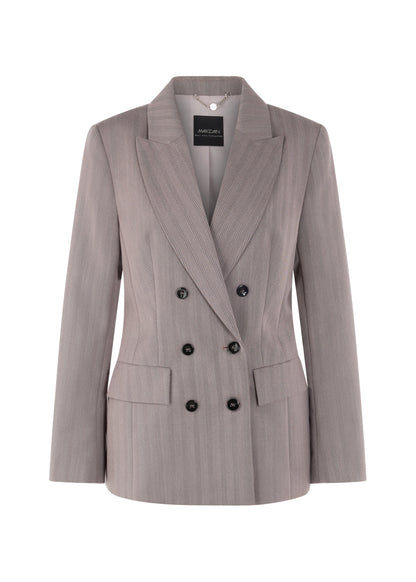 Gray blazer with black buttons on a white background