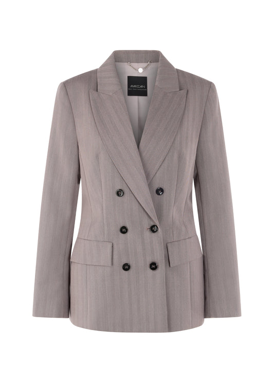 Gray blazer with black buttons on a white background