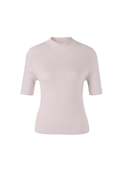 Light pink ribbed knit short-sleeve top on a white background