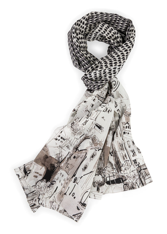 Scarf with black and white pattern on a white background