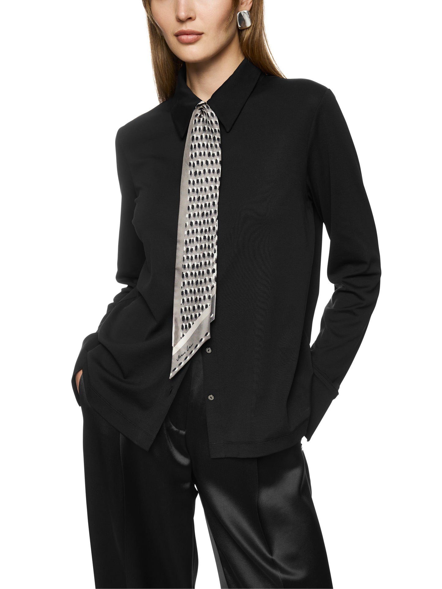 NARROW SILK SCARF W PRINT CHARCOAL