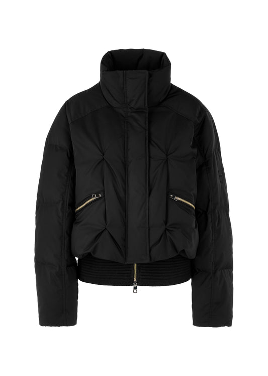 Black puffer jacket on a white background