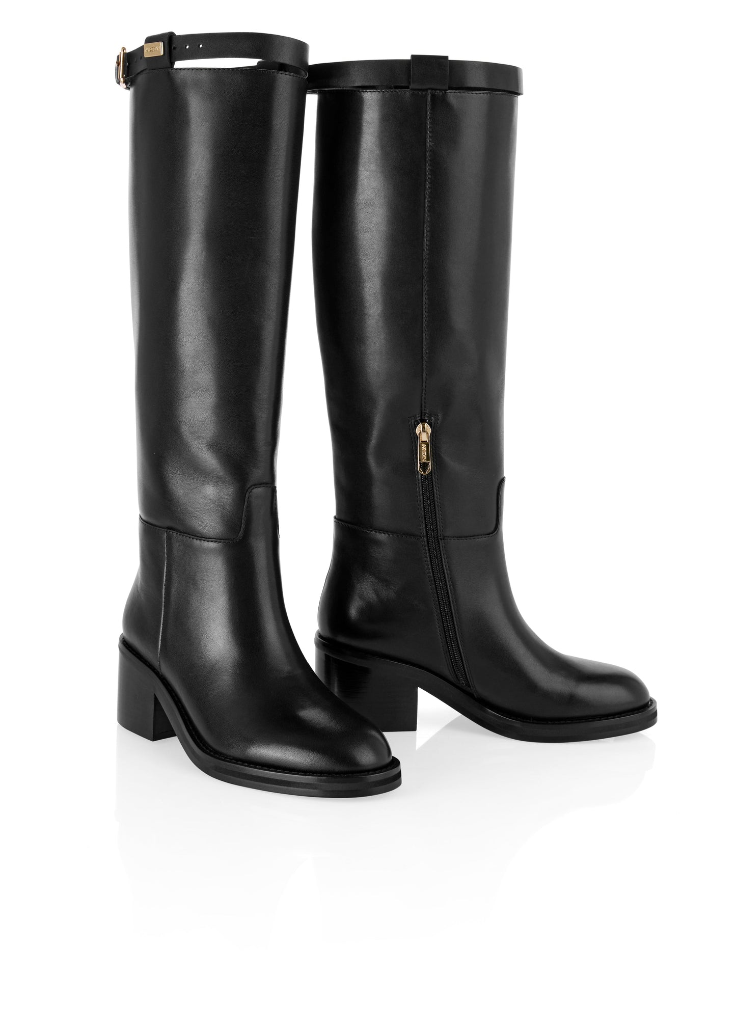 Pair of black knee-high boots on a white background