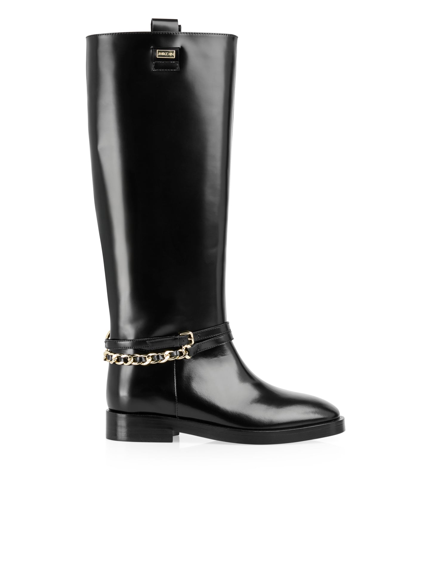 BLACK FLAT LEATHER RIDING BOOT W CHAIN