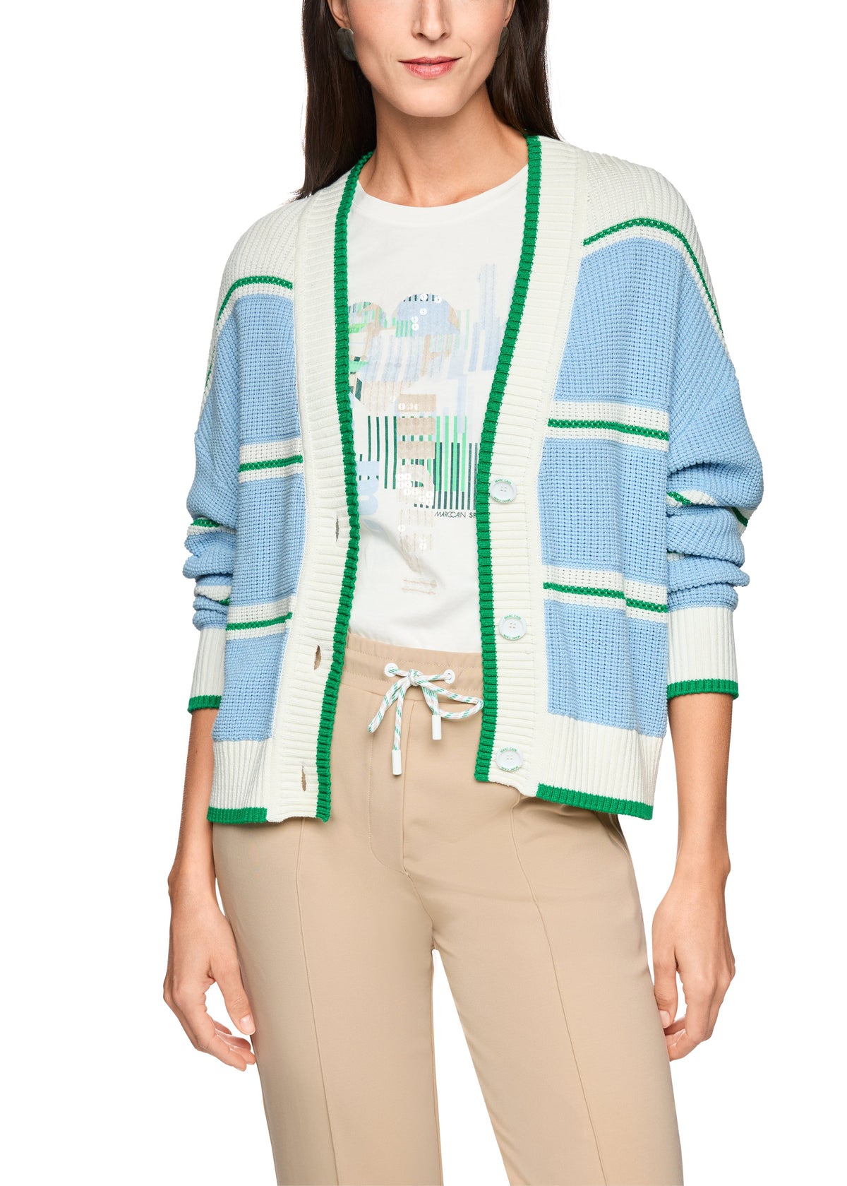 Cotton Blend Cardigan In Skyway Stripe by Marc Cain - view 2