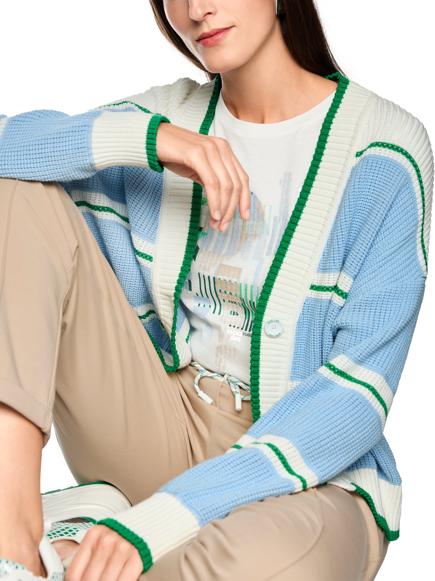 Cotton Blend Cardigan In Skyway Stripe by Marc Cain - view 3