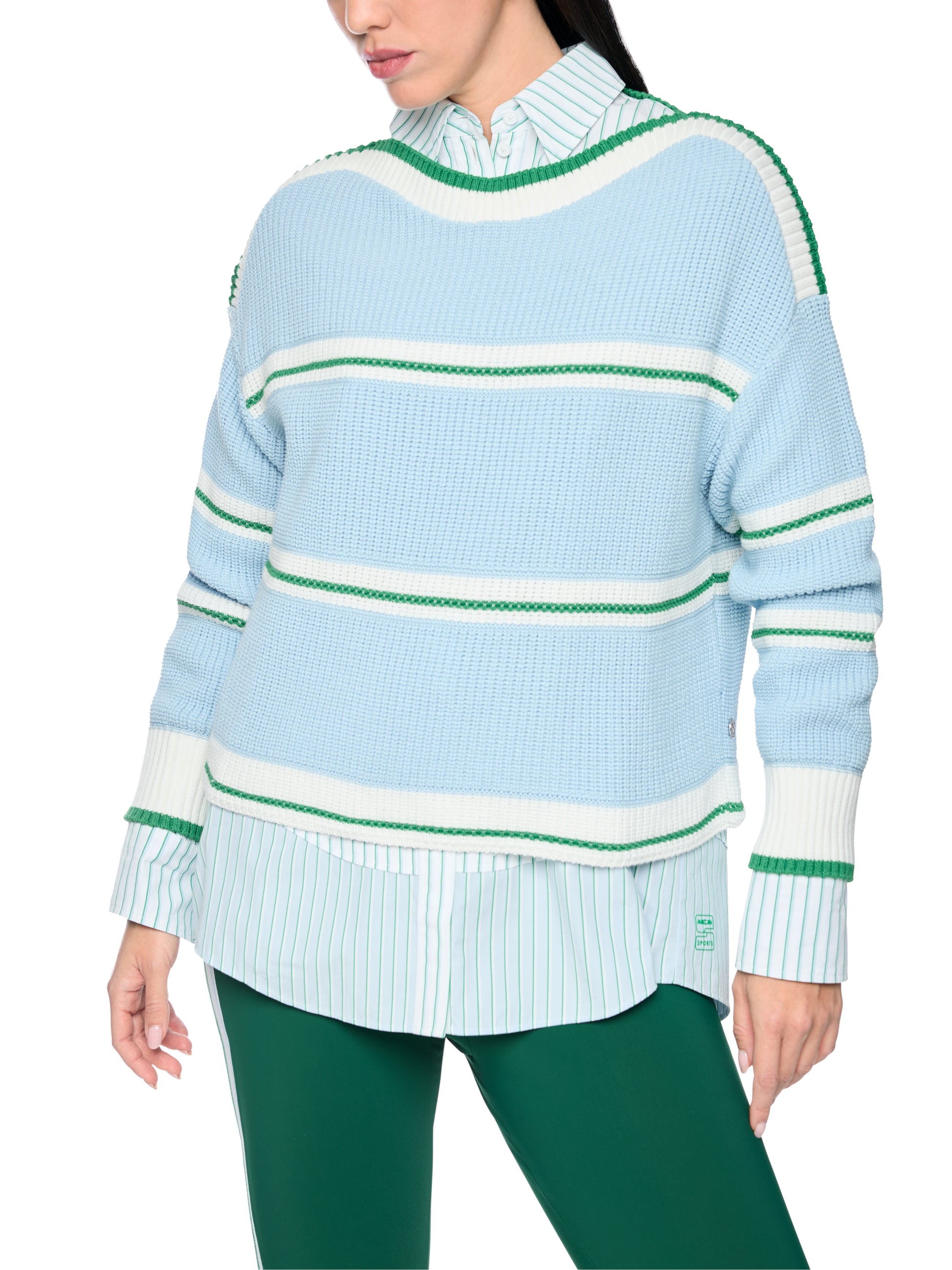Cotton Blend Stripe Knit In Skyway Blue by Marc Cain - view 2