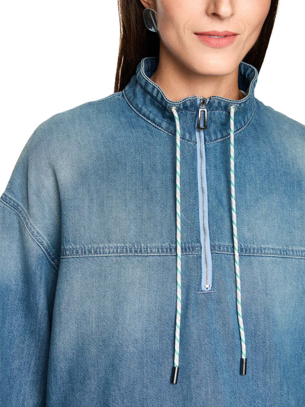 Zip Neck Top With Drawstring In Blue Denim by Marc Cain - view 5