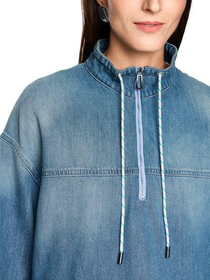 Zip Neck Top With Drawstring In Blue Denim by Marc Cain - view 5