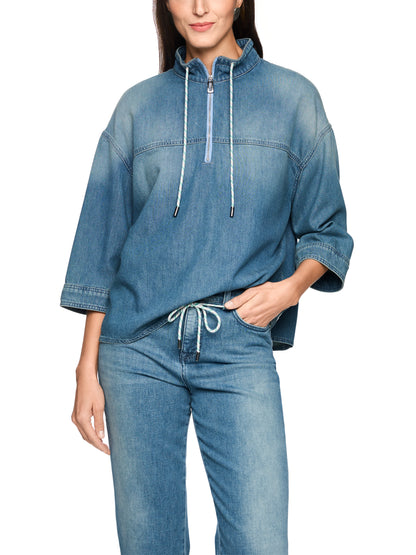 Zip Neck Top With Drawstring In Blue Denim by Marc Cain - view 3
