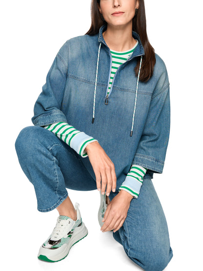 Zip Neck Top With Drawstring In Blue Denim by Marc Cain - view 2