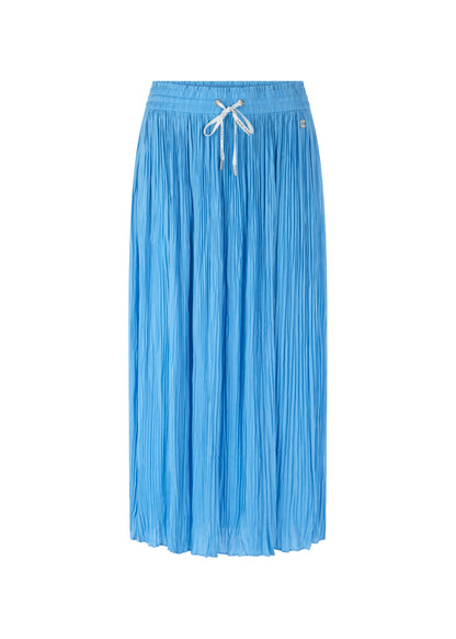 A light blue pleated midi skirt with an elastic waistband and a white drawstring, shown against a plain white background.